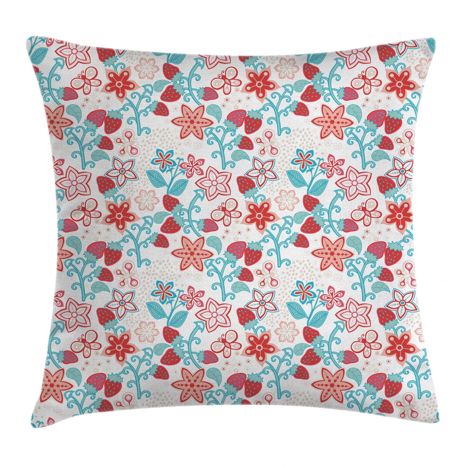 Floral Throw Pillow Cushion Cover, Cute Flowers Ladybugs Butterflies