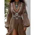 thumbnail image 2 of ZOELNIC Women's Western Boho Patchwork Midi Dress with V-Neck, Puff Sleeves & High-Low Hem, S, 2 of 7