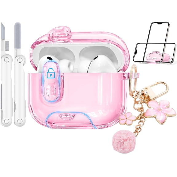 for AirPods 4 Case Pink TPU with Secure Lock, Phone Holder, Cleaning Kit & Cute Glow Keychain, Shockproof Anti-Scratch Protective Cover for Women Girls