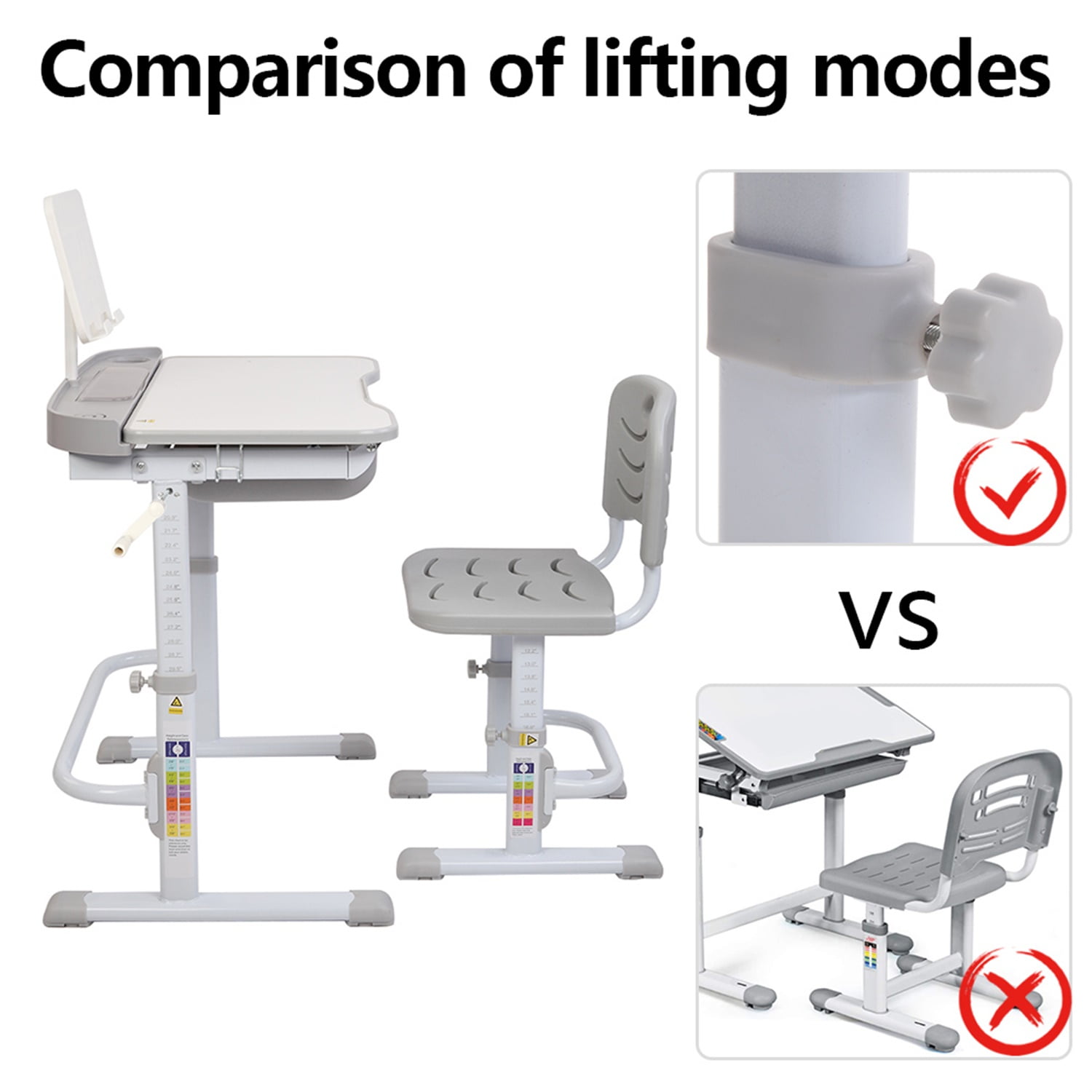 Lowestbest Kids Desk and Chair Set with Hand-Operated Lifting Table Top, Height Adjustable Children's Study Table With Reading Frame, Gray Lowestbest Kids Desk and Chair Set with Hand-Operated Lifting Table Top, Height Adjustable Children's Study Table With Reading Frame, Gray
