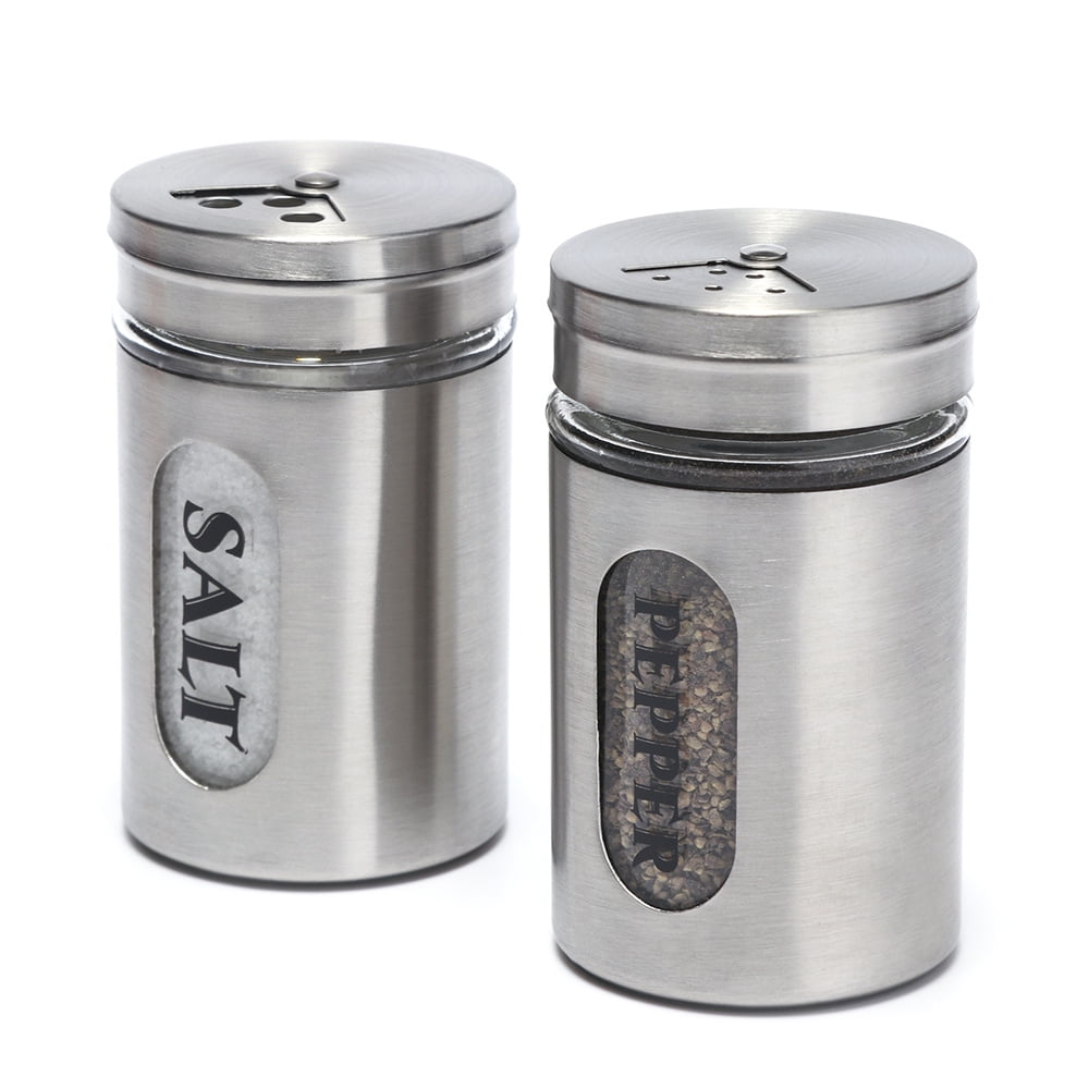 Salt and Pepper Shakers Stainless Steel and Glass Set with Adjustable