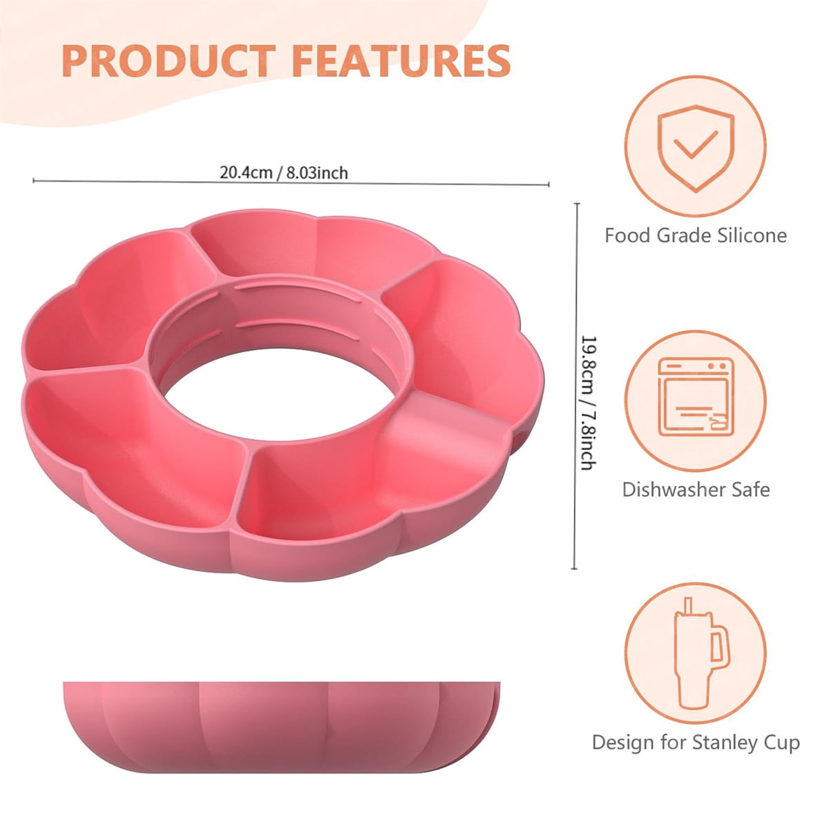 Plateau à Collation Stanley Cup En Silicone - Compatible Quencher H2.0 40 Oz (1,2 L) - 4 Compartiments - Rose - Sans Tasse