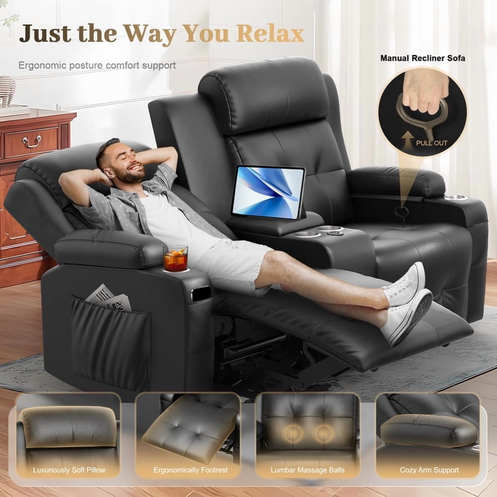LOBERFVE Recliner Sofa Sets, Massage Reclining Loveseat Sofa, 2 Single Power Recliner Chairs Heat Massage, RV Love Seat Couch with Console, USB, Type C Port for Living Room