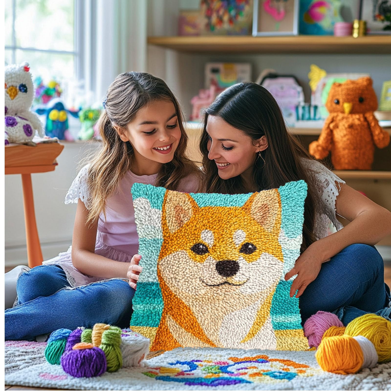 DIY Latch Hook Pillow Kits for Adults Smile Shiba Inu Dog Printed Pillowcase Crochet Yarns Hooking Handmade Pillow Cover Cushion for Home Sofa Decoration 17x17inch-12