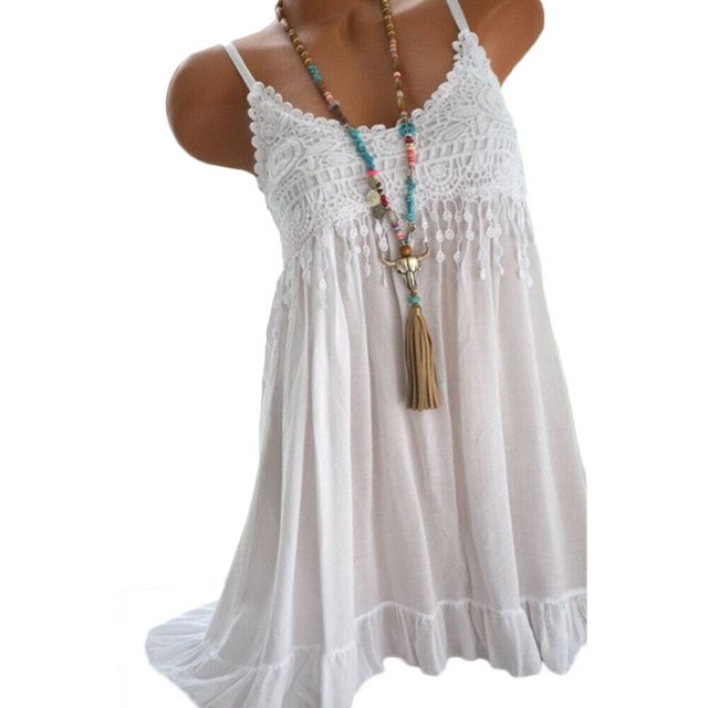CAROOTU Robe à Bretelles pour Femmes Mini Débardeur en Dentelle Sans Manches Fête Été Plage Robe Courte Grande Taille