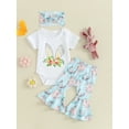 thumbnail image 2 of Bslissey Baby Girls Easter 2Pcs Outfits Short Sleeve Letter Print Romper + Egg Print Flare Pants + Headband 3M 6M 12M 18M 24M Infant Toddler Casual Summer Pants Sets, 2 of 9