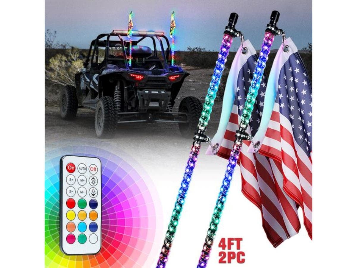 Polaris RZR 2PCS 4ft Spiral LED Whip Lights with Bluetooth and Remote Control 360° Spiraling RGB Chase Lights with Flags Can-am UTV Offroad Warning Lighted LED Whips Antenna for ATV 
