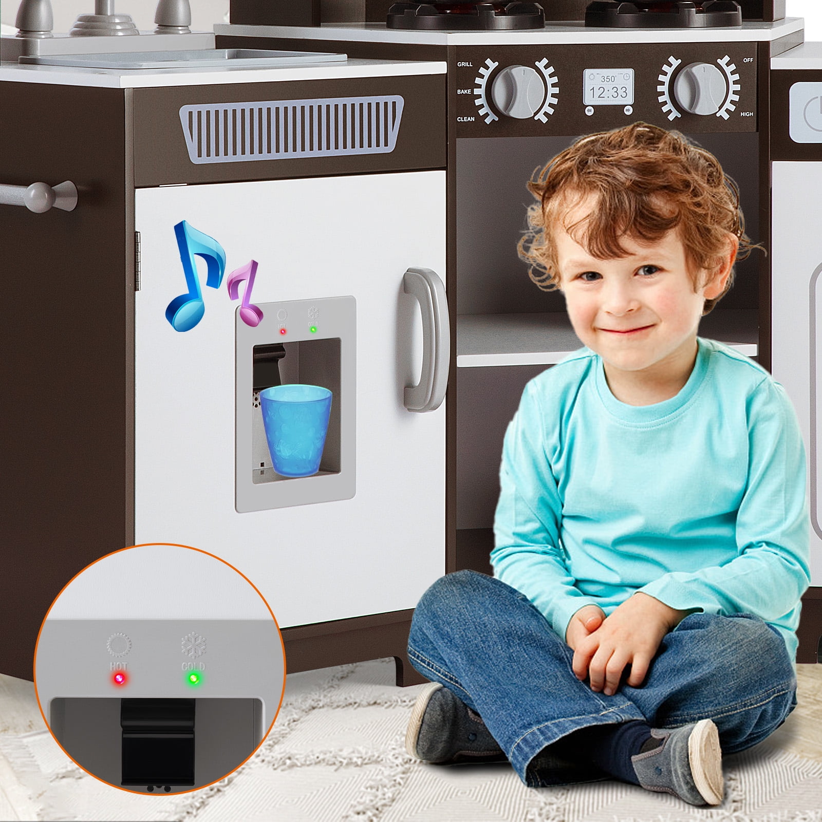 Toddler Play Kitchen Corner Wooden Pretend Kids Toys Playset Gift with Realistic Lights & Sounds, Water Dispenser, Microwave Oven, Phone, Sink, Cooking Accessories