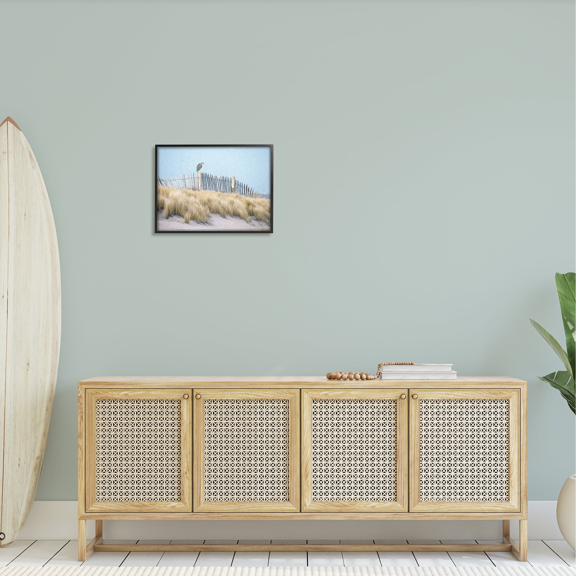 Stupell Bird Perched Nautical Beach Fence Landscape Painting Black Framed Art Print Wall Art