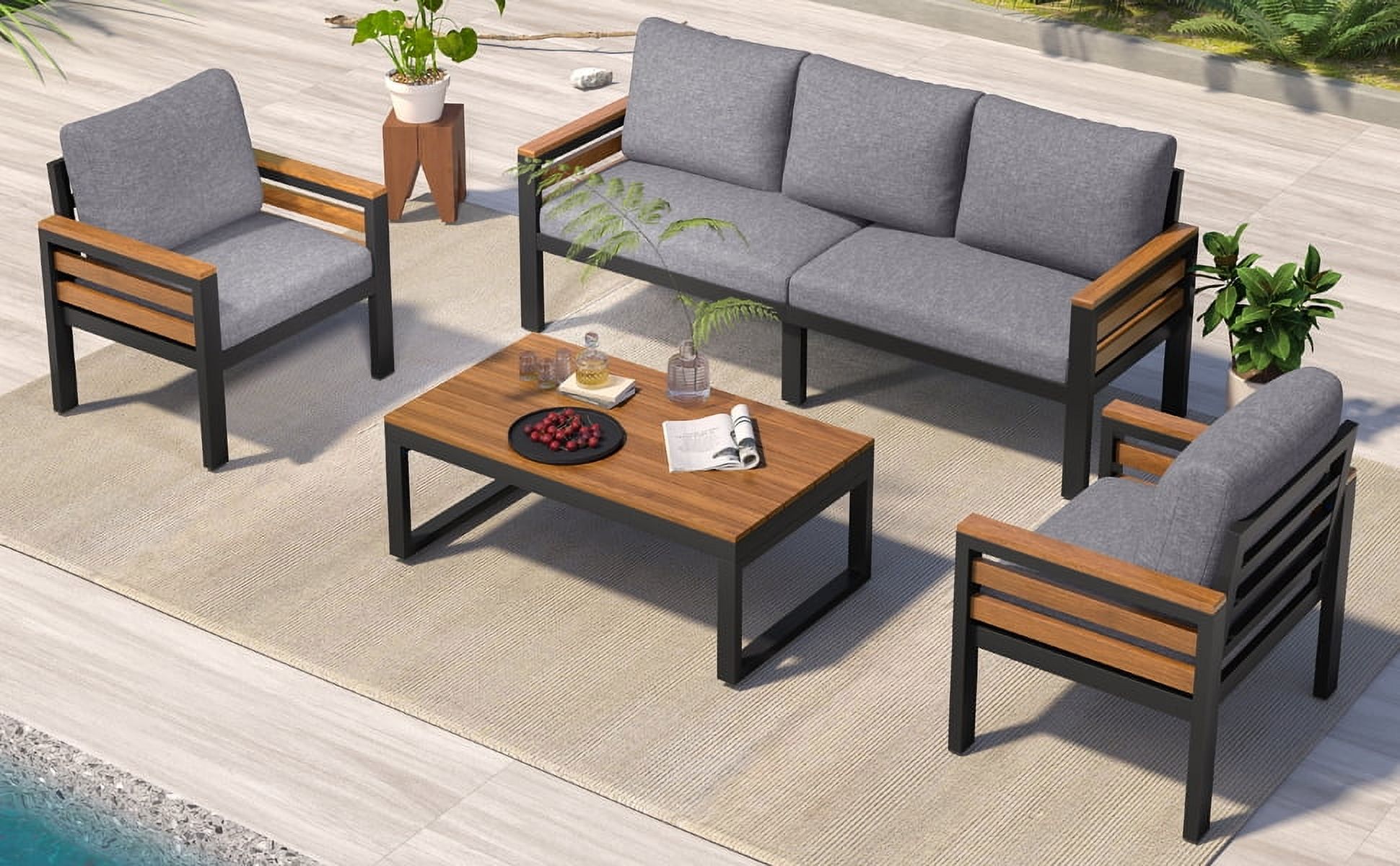 xCloud GO 4-Piece Outdoor Furniture Sofa Set, Grey Patio Conversation Set with Acacia Wood Armrests & Removable Cushions, for Garden & Backyard