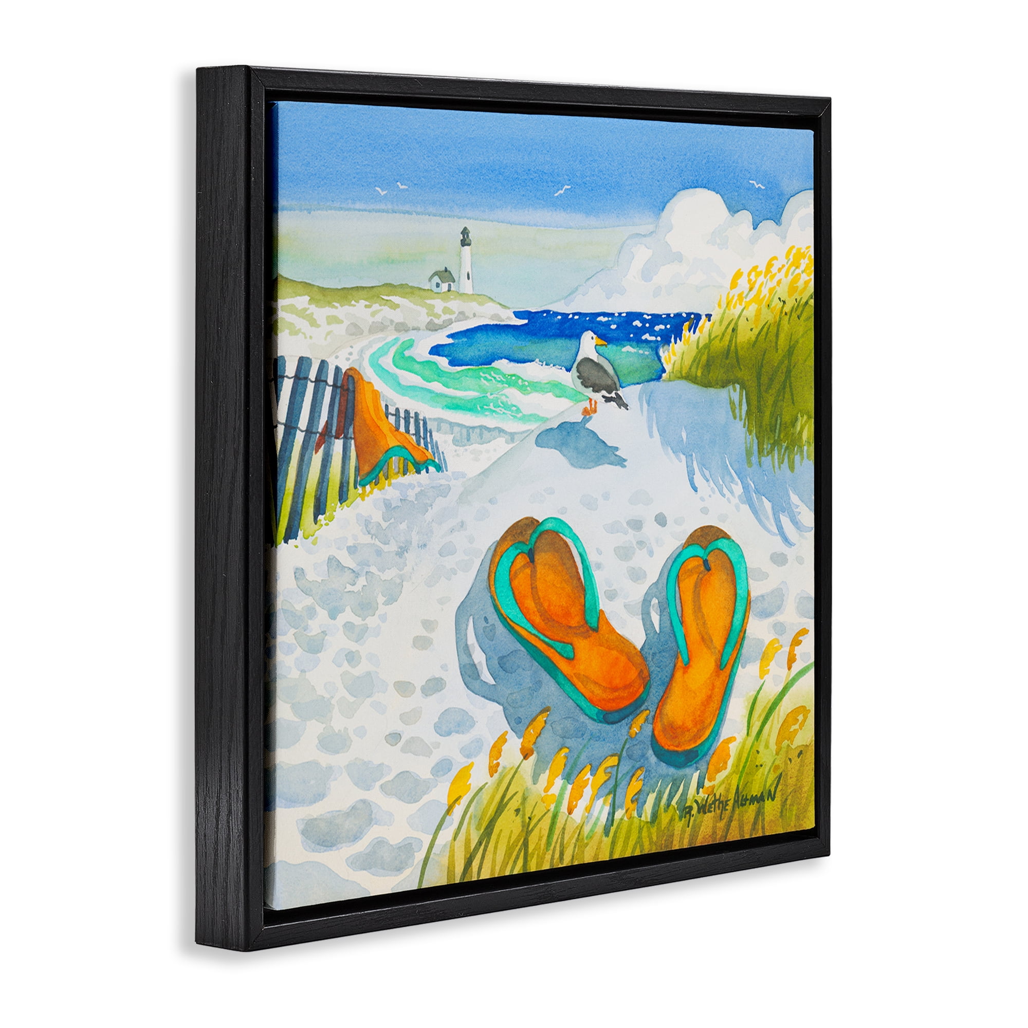 Stupell Industries Seagull & Flip Flops Black Framed Floater Canvas Wall Art, design by Robin Altman