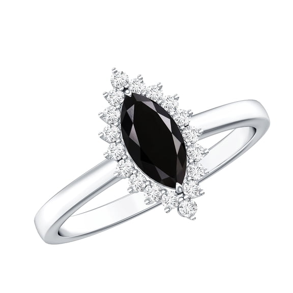 Rosec Jewels Certified Lab Grown Black Diamond Marquise Engagement Ring with White Diamond Halo - AAAA Grade - with Jewelry Box, 925 Sterling Silver, US 4.00