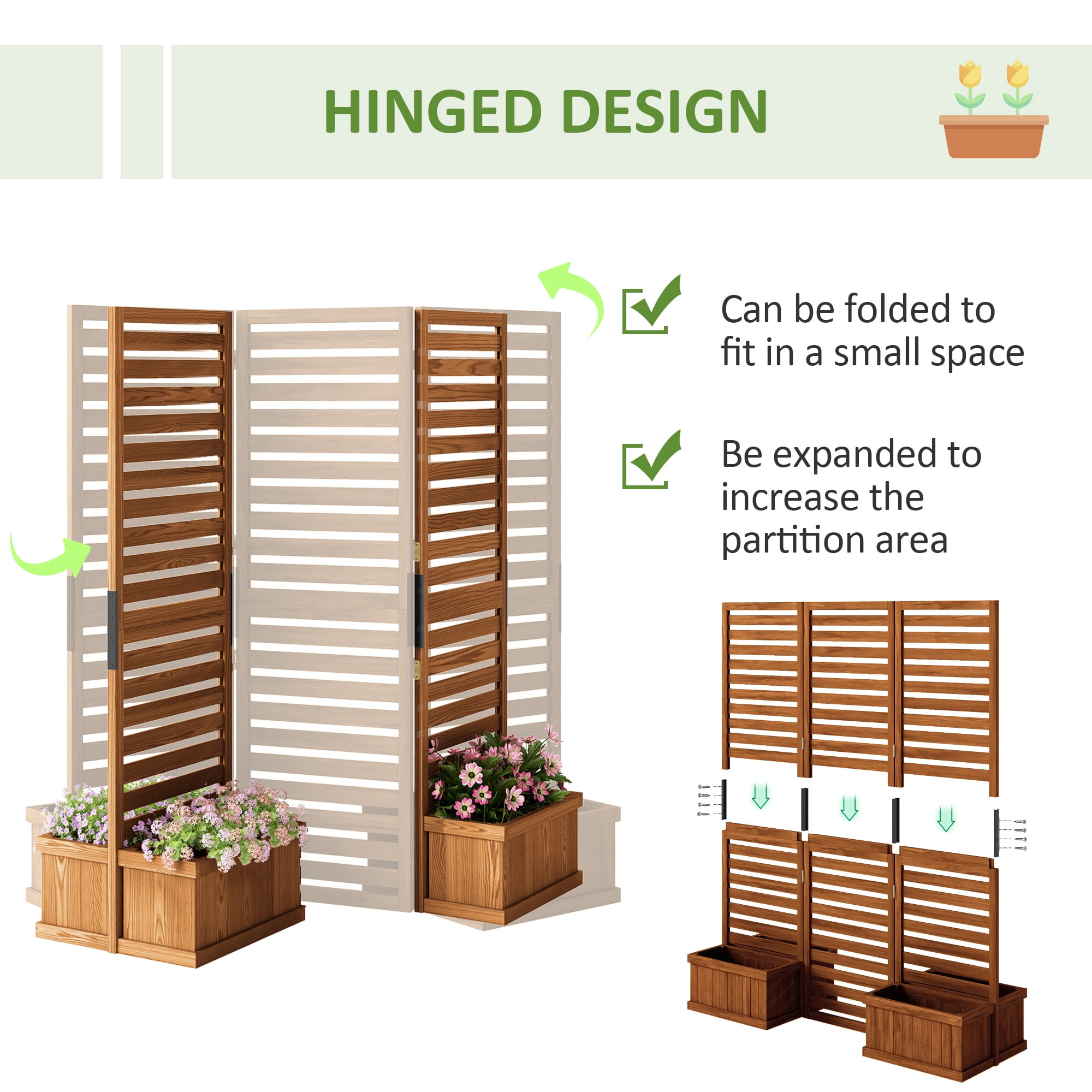 Alvantor 3 Panel Room Divider Wood Privacy Screen w Planter Box for Porch Living Room Dorm Yellow