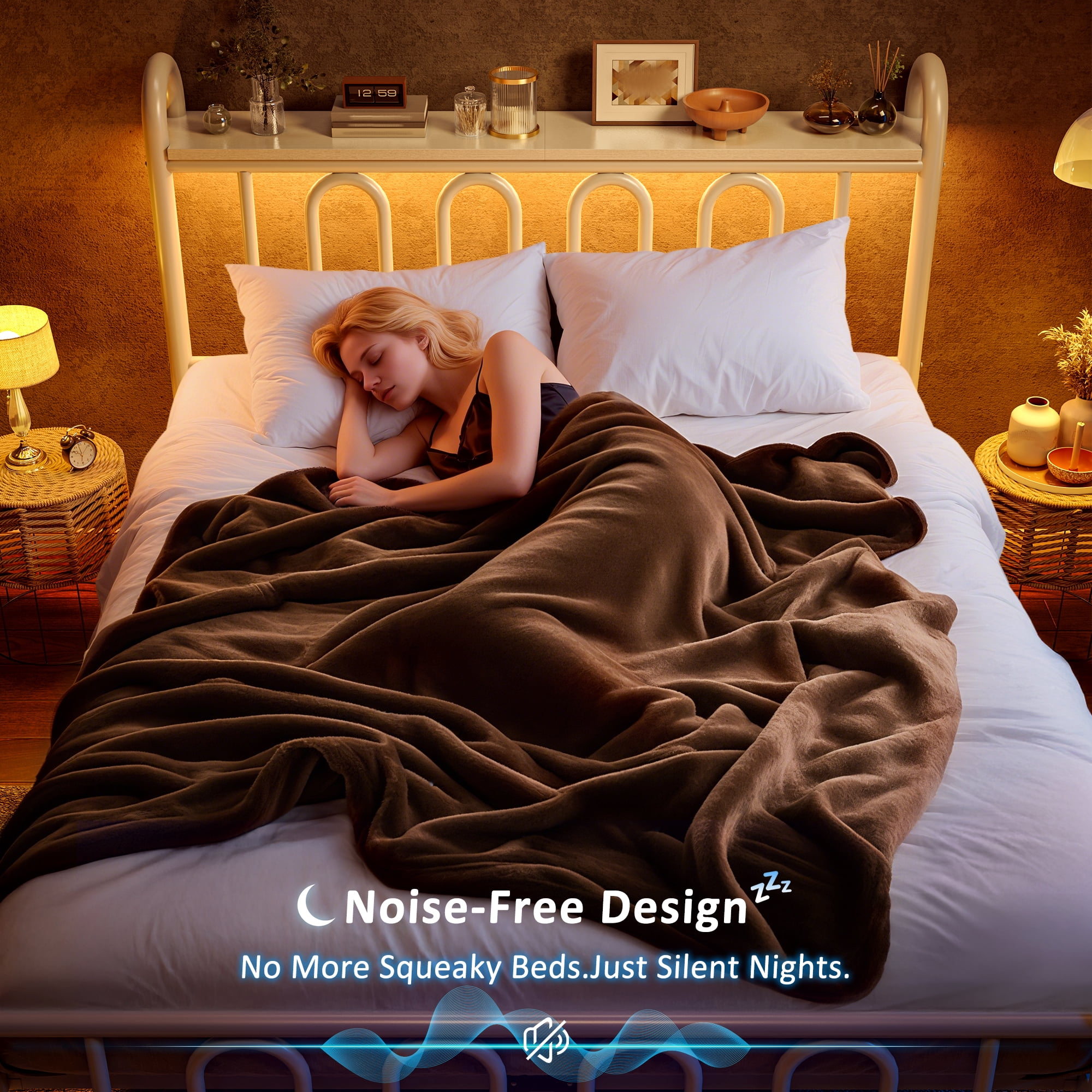 EnHomee Full Size Metal Platform Bed Frame with Headboard Metal Bed Frame with LED Lights Full Bed Frame with Underbed Storage,White