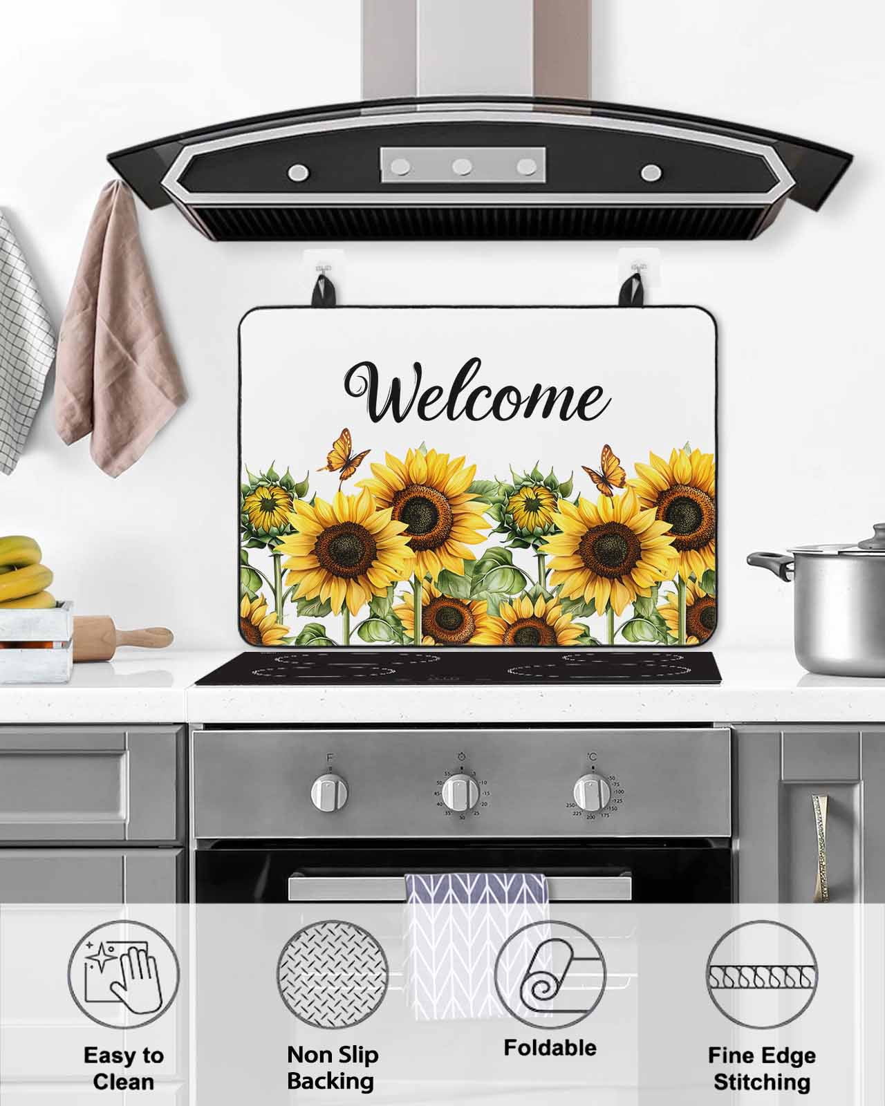 nqOlkjepod Large Induction Cooktop Protector Mat 36"x21", Sunflower Stove Top Covers for Electric Stove, Summer Botanical Floral Welcome Decorative Stove Burner Cover Mats, Glass Top Stove Cover