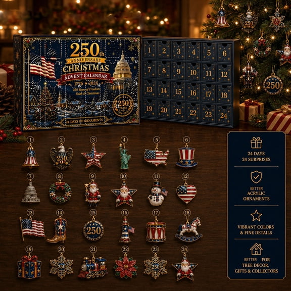 Luckky 250th Anniversary Christmas Advent Calendar 2026,24 Days Patriotic Christmas Tree Ornaments,1776-2026 USA Freedom Collectible Decor,Holiday Countdown Gift for Home Decor