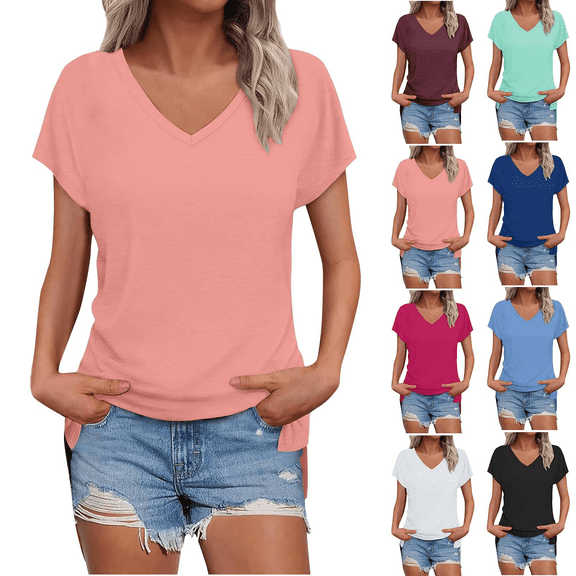Lunaseek Plus Size T Shirt for Women Summer Tops Casual V Neck Short Sleeve Solid Slit Blouses Fashion Loose Tunic Tee