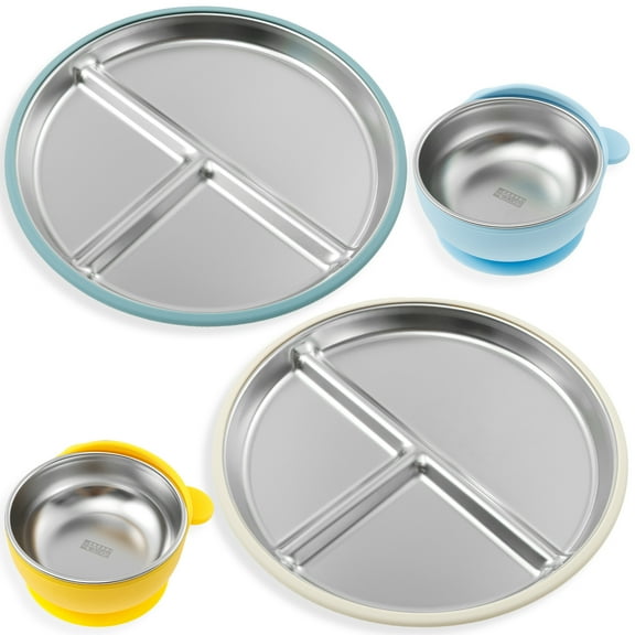 Stainless Steel Kids Plates and Bowls Set Easy to Clean Solid Toddler Bowl with Silicone Suction Heat Resistant Divided Baby Plate Kit for Dining