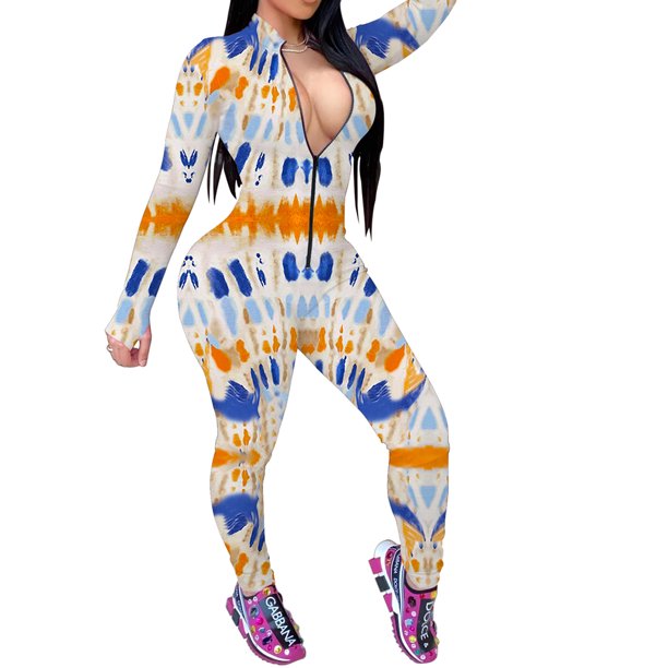 Liacowi Women One Piece Bodycon Jumpsuit Sexy Zip Up V Neck Long Sleeve Tie Dye Print Romper Pants Walmart Com Walmart Com