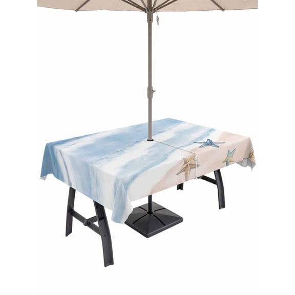 Outdoor Tablecloth with Umbrella Hole for Patio/Picnic/Party/Camping, Blue Summer Beach Waterproof Table Cloth Rectangle Table Cover Washable, Coastal Waves Ocean Starfish Conch (60"x 120")