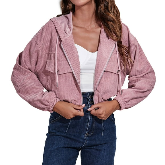 Yuyuzo Womens Coats Long Sleeve Hooded Drawstring Cropped Corduroy Jackets Fall Casual Solid Color Tops Outwear