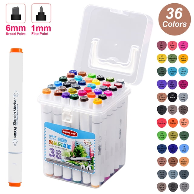 Amdohai 36 Colors Art Markers Set featuring dual heads with broad and fine points, alcohol-based ink, and a multicolour selection. The markers are stored in a transparent PP storage box with a handle, showcasing the vibrant colour caps for easy identification. The broad tip measures 6mm for large-area colouring, while the fine tip measures 1mm for detailed work. Ideal for animation, architecture, clothing, interior, product, landscape, and graphic design, as well as student practice. The ergonomic triangular grip reduces hand fatigue, and the ink is smooth, blendable, and non-toxic. A great gift for artists, students, and beginners.