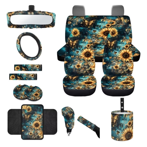 LedBack Butterfly Sunflower Print 14Pcs Car Interior Cover Set Comfy Breathable High Back Bucket Seat Covers with Steering Wheel Cover Center Console Pad Universal Fit Truck SUV Sedan