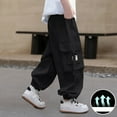 thumbnail image 4 of Ltctricy Boys' Cargo Joggers Children Lightweight Elastic Waist Pull on Wide Leg Cinch Bottom Sweatpants Baggy Casual Pants(Black,7-8 Years), 4 of 6