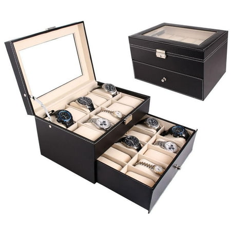 Watch Organizer - Large 20 Slots Leather Men Watch Storage Box Display Case Organizer Glass Top Jewelry Storage