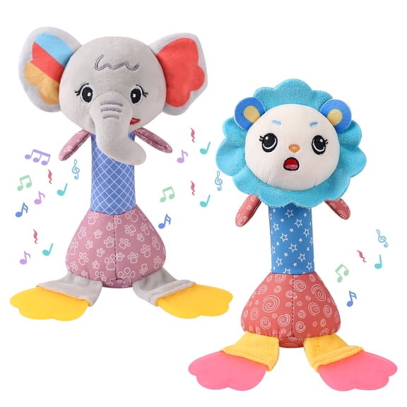KABOER 2 Pcs Baby Soft Rattles Shaker, Teething Rattle Toys, Infant Developmental Hand Grip Toys,  Lion Elephant Shaped Sensory Learning Toys with Teether, Sounds for Baby 0-12 Months