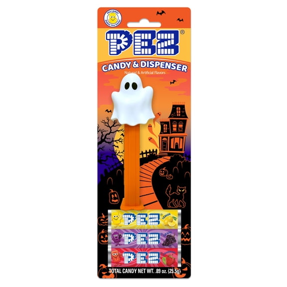 WM PEZ Halloween Ghost Blister, 1 Candy Dispenser Plus 3 Rolls Assorted Candy,1Count, 0.89 oz
