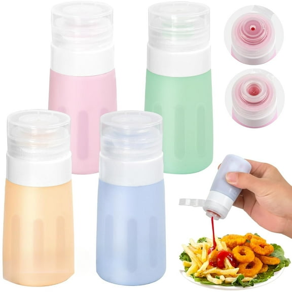 4Pcs Condiment Squeeze Bottles for Sauces, Leakproof Salad Dressing Container to Go, Small Silicone Squeeze Bottles , Condiment Containers Dispenser for Ketchup Hot Sauce Lunch Travel, 2.9 Oz