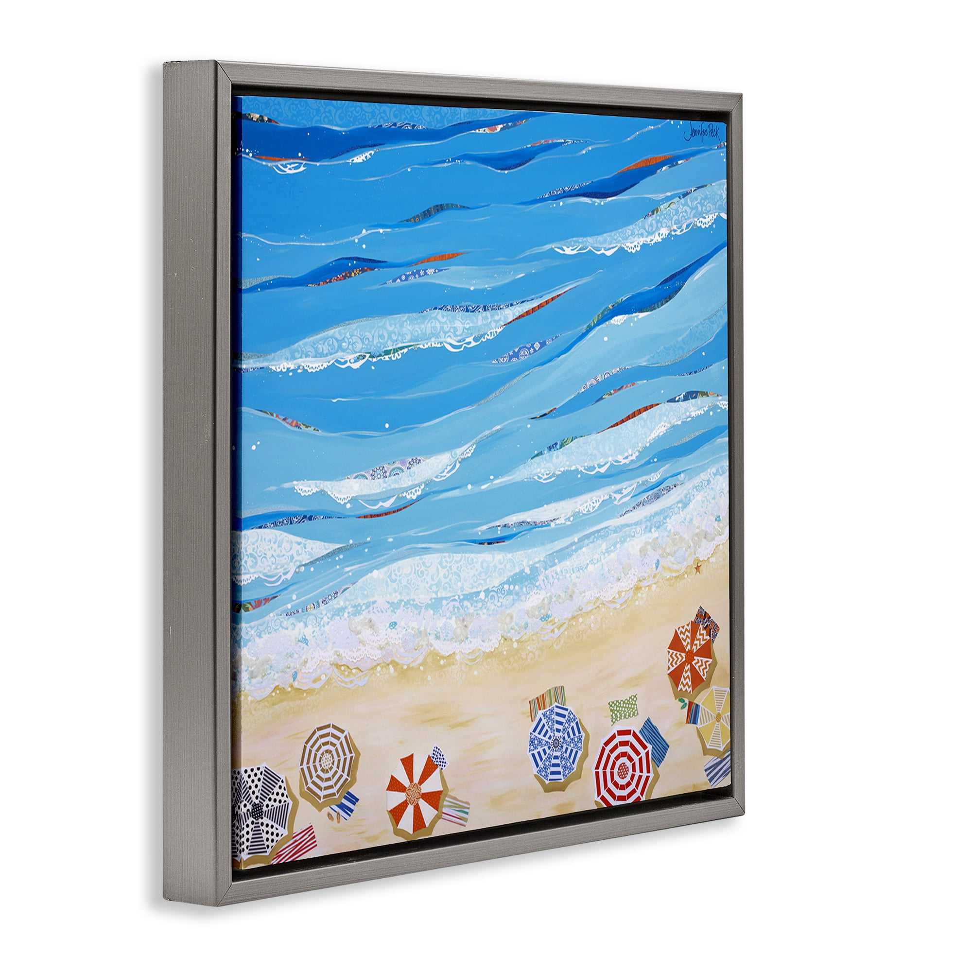 Stupell Industries Made In The Shade Beach Landscape Painting Gray Floater Framed Canvas Art Print Wall Art, 18 x 18
