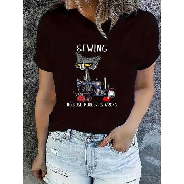 Camiseta de mujer verano Patrón de Corazón cuello redondoChic Cat Print Women's T-Shirt - Casual Crew Neck, Short Sleeve, Stretchy Polyester Blend, Machine Washable - Perfect for Summer & Casual Att
