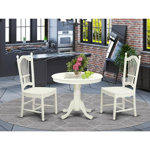 East West Furniture Antique 3-piece Dining Set w/ Round Table in Linen White