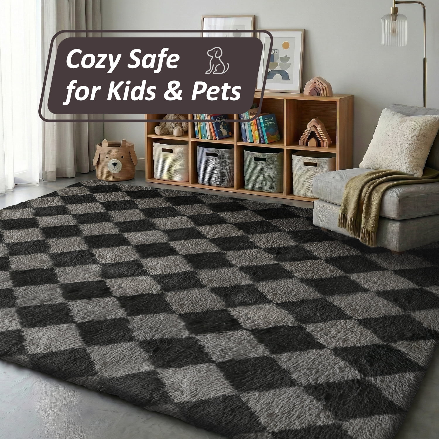 Pentantan 8’x 10’ Shag Area Rugs, Soft Fluffy Modern Checkered Indoor Carpet for Living Room Bedroom, Gray & Black