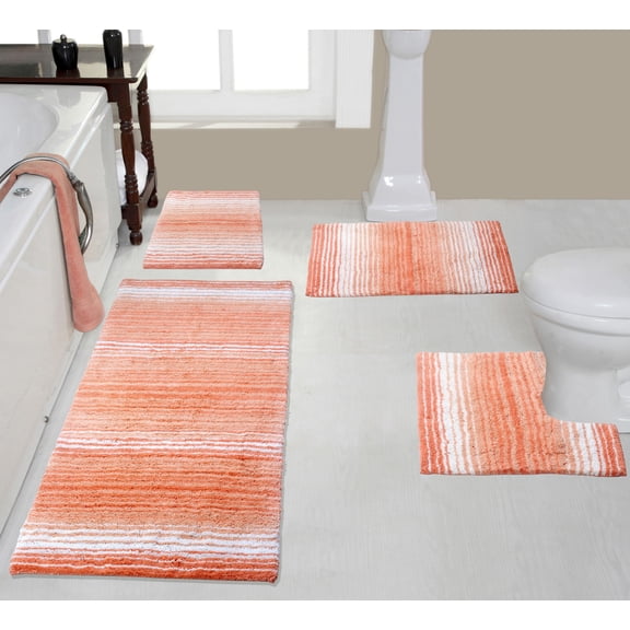Home Weavers Gradation Rug Collection 100% Cotton Non-Slip Bathroom Rug Set Machine Washable Bathroom Rug, Bath Rug, U Shaped Contour, Runner, Coral Color 4 Piece Bath Carpet set