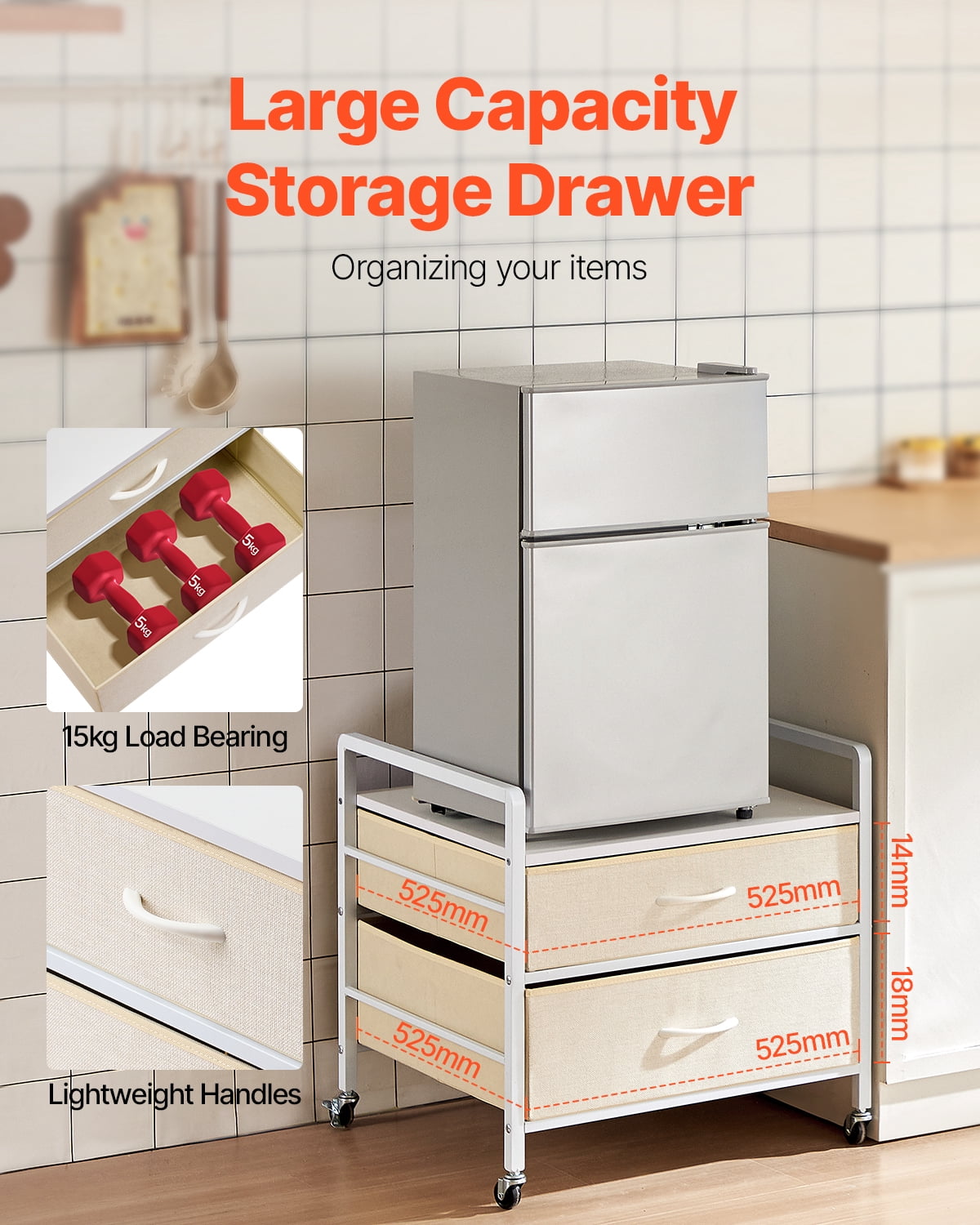 VEVOR Mini Fridge Stand with Storage, 176 lb-Capacity Mini Fridge Table with 2 Drawers & 4 Swivel Wheels, Mobile Mini Fridge Shelf, White Mini Fridge Organizer for Dorm, Apartment, Office, Bedroom