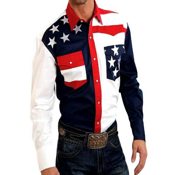 Roper Mens Red White And Blue Colorblocked Pieced Long Sleeve Western Snap Shirt