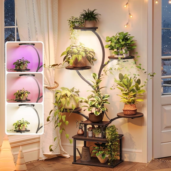 51 Inch Plant Stand with Grow Lights, 8 Tiered Indoor Plant Shelf with Larger Flower Holder, Curved-tubed Design, 3 Light Modes, Corner Plant Rack for Living Room