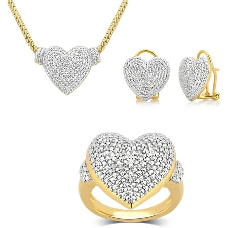 Diamond Estate Jewelry Set - 1/4 Carat T.W. Round White Diamond Gold Tone plated Ring, Earrings and Necklace Set, 17