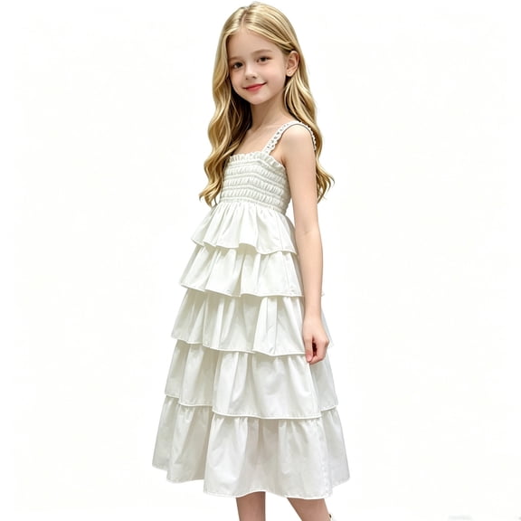 Dress for Girls Spaghetti Strap Tiered Ruffle Smocked Bodice Sleeveless Summer Sundress White 7-8Years