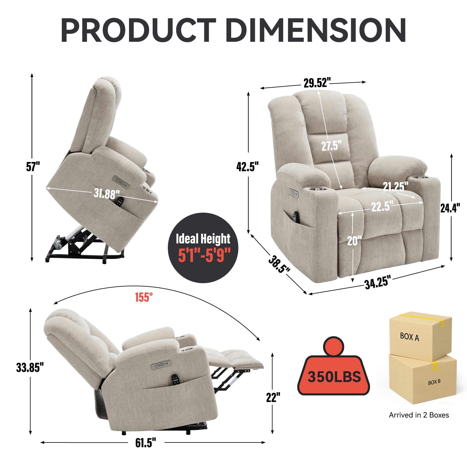 MAYEERTY Beige Chenille 350lbs Power Lift Recliner, Massage Heat USB-C 34"x39"x42" Wide Overstuffed for Elderly