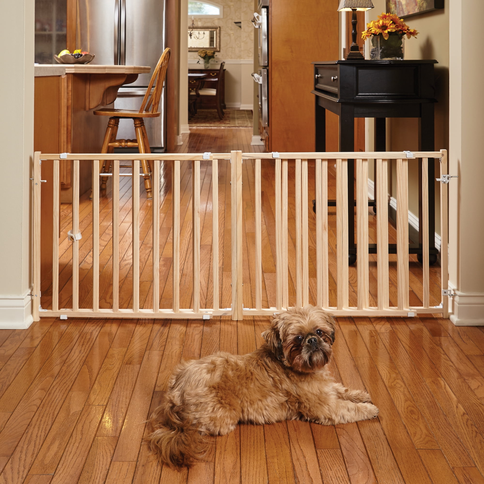 Midwest Home for Pets Wooden Gate for Dogs & Cats, Extra-Wide, Portable, Expands from 50" - 94" inches, Neutral Wood, Brown, 24" Tall