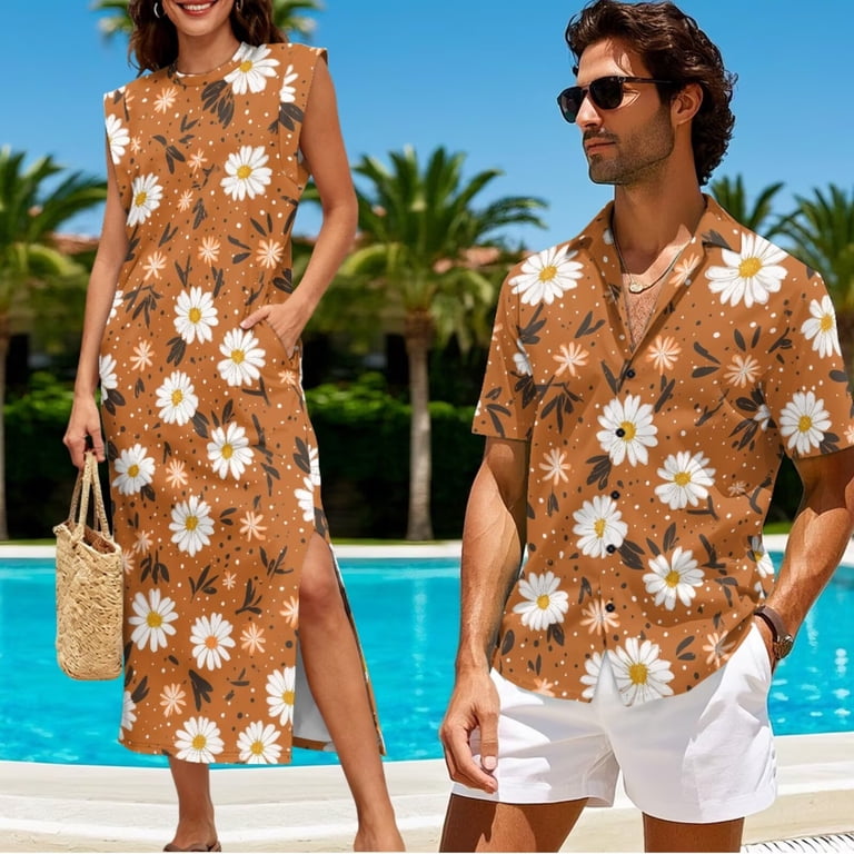 beach dresses for couple Yuyamidu Matching Daisy Dress Women Summer Floral Mens Shirts Vacation Maxi Dress Husband and Wife Matching Outfits Round Neck Long Sundress with Pockets Men's 4XL Style-Color-Dim:AP1D106719_AG497_M