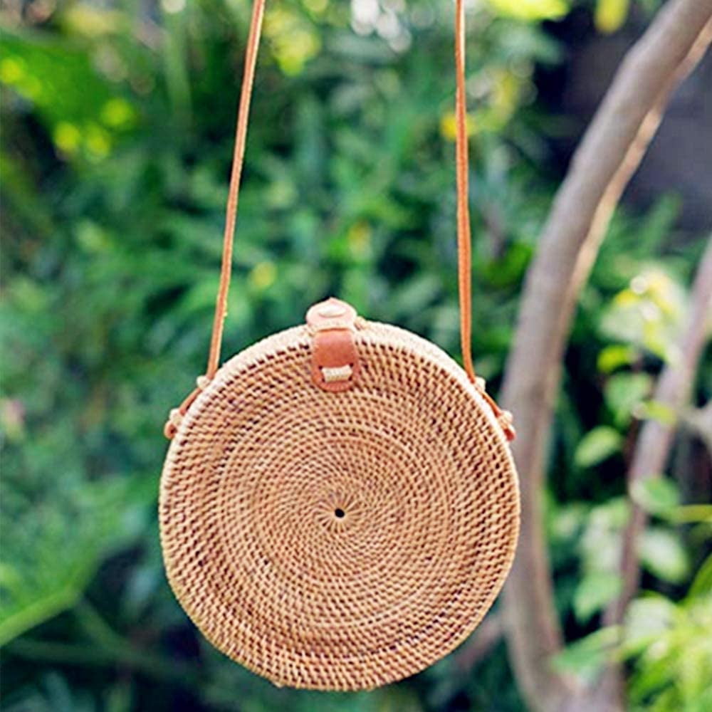 Zhuge Handwoven Round Rattan Straw Bag for Women Shoulder Leather Button Straps Natural Chic Handmade Boho Bag Bali Purse