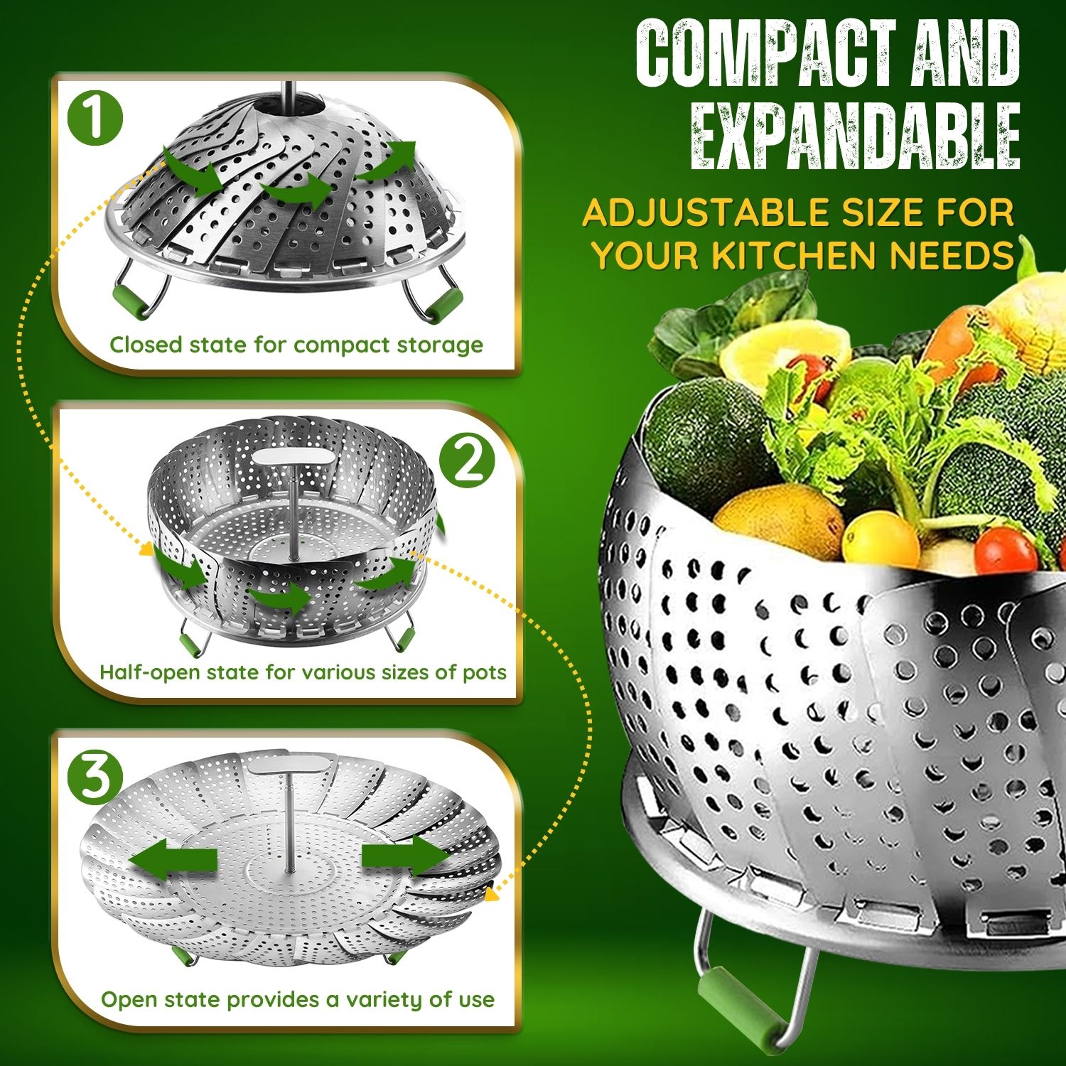 Stainless Steel Vegetable Steamer Basket with Extendable Handle - Expandable Collapsible Foldable Cooking Insert Fit Instant Pot 3 6 8 Qt Pressure Cooker for Steam Food 7-11 Inch Adjustable