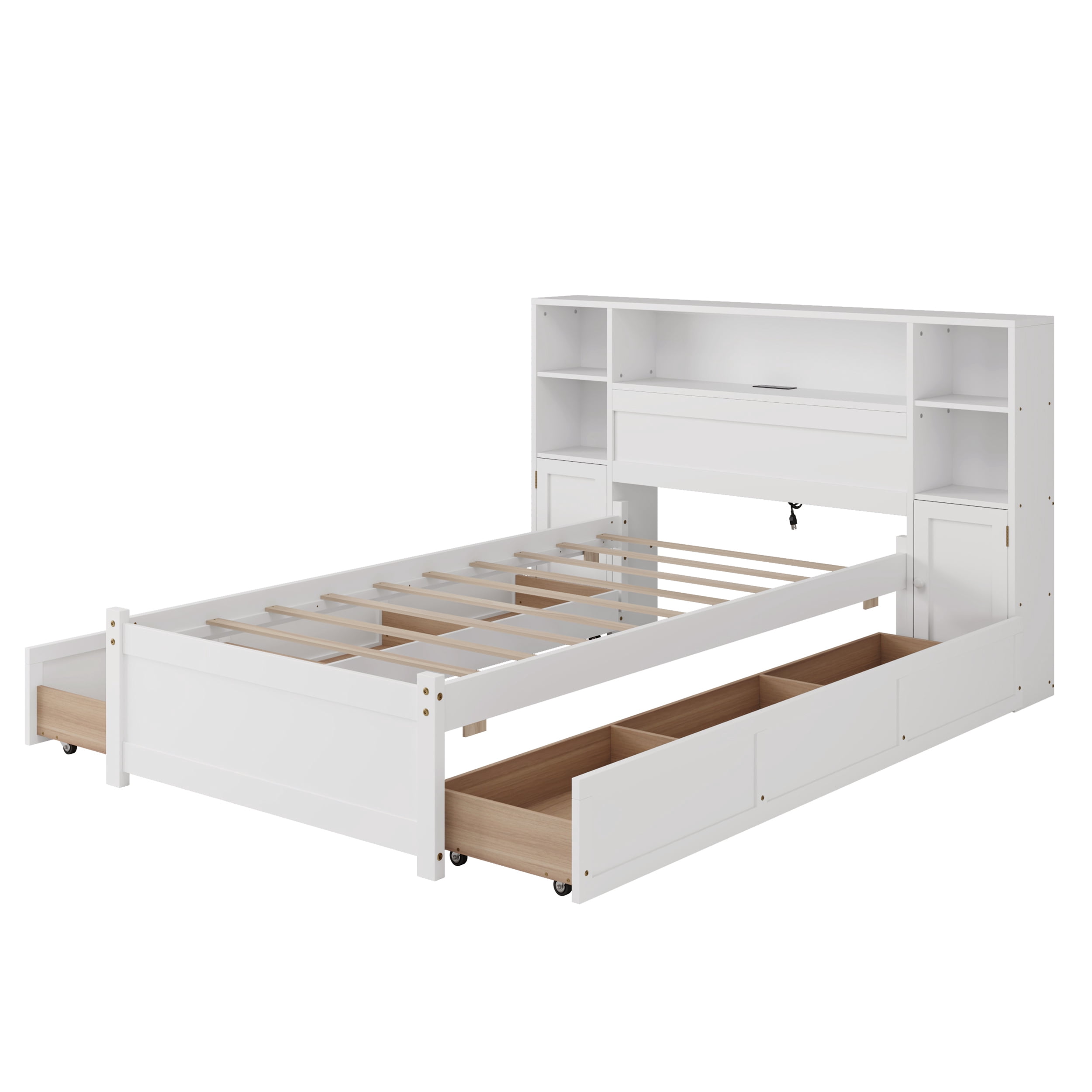 MAYEERTY Twin White Wooden Storage Bed Bookcase Headboard 6 Drawers Charging for Teens Adults