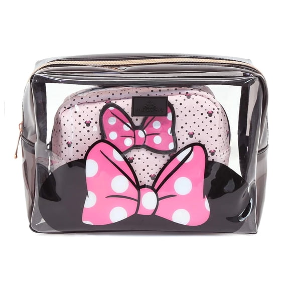 Impressions Vanity Disney Minnie Mouse 2 Pcs Clutch Set, Waterproof Travel Makeup Bag (Black/Pink)
