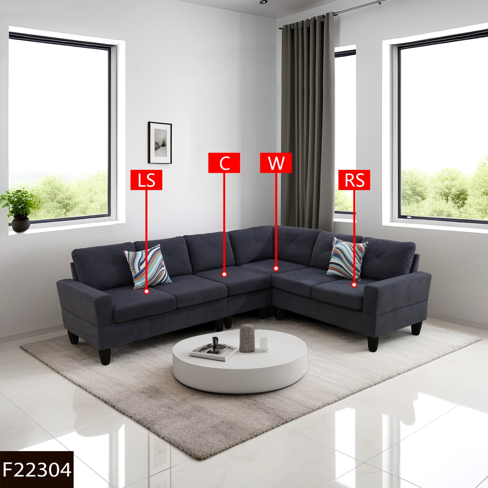 4-Piece Couch Living Room Sofa Set, 6 Seater Modular Sectional Couch L Shaped Corner Sofa, Dark Gray